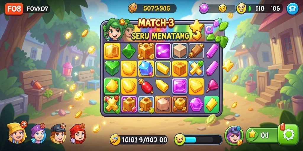 Tangkapan layar FO8 menunjukkan keseruan gameplay Match-3 yang penuh warna.