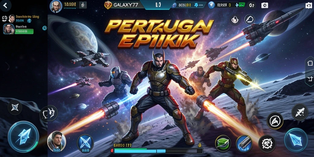 Screenshot dari gameplay GALAXY77 menampilkan pertarungan yang mendebarkan.