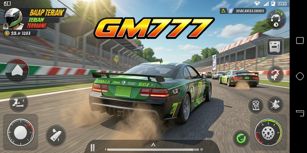 Screenshot utama GM777 menampilkan aksi balap yang intens.