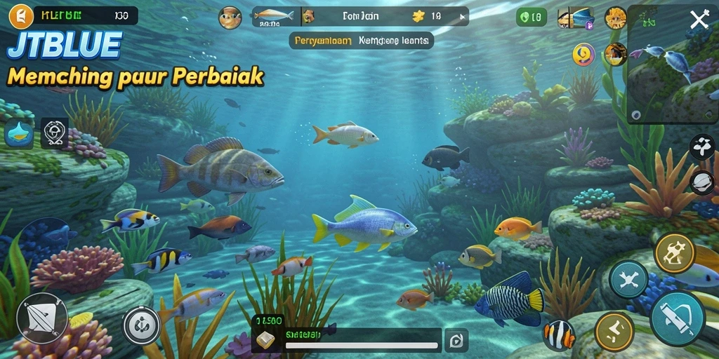 Tampilan gameplay JTBLUE yang menggambarkan keseruan memancing.