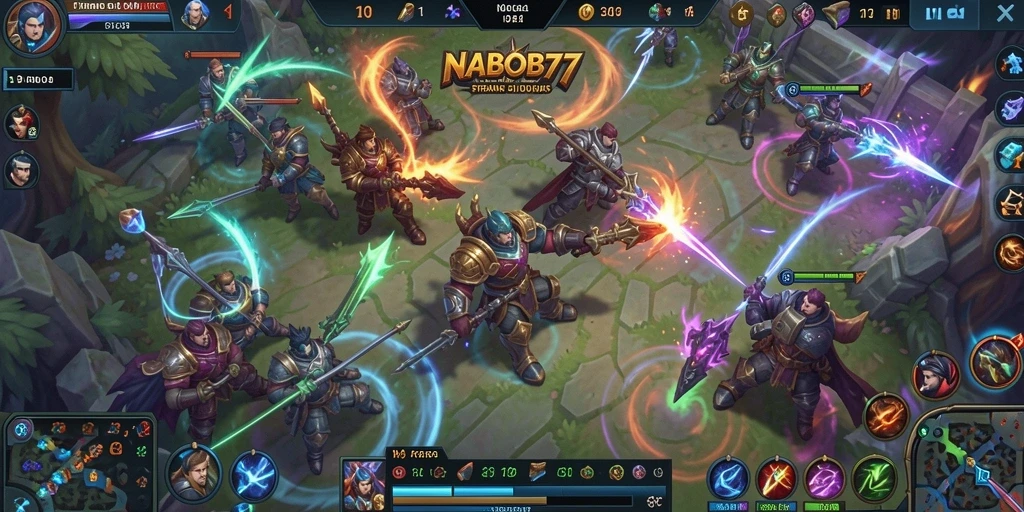 Screenshot menampilkan pertempuran seru dalam game MOBA NABOB77.